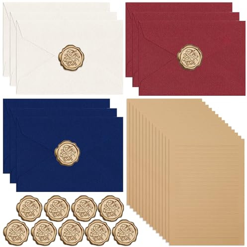 Noaxylic 38 Pezzi Set di Carta da Lettere Vintage, Busta da Lettera Vintage, Set con 9 Buste in Lino Sigillo di Cera, 20 A5 Carta da Lettere Kraft, per Compleanno, Inviti di Nozze, Biglietti di Auguri