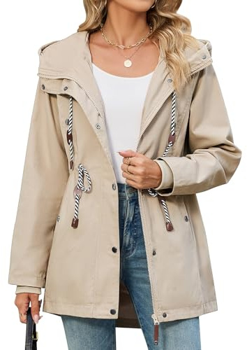 CMTOP Chaqueta Mujer Primavera Cazadora Ligero Algodón Parka Militar Elegante con Capucha Abrigo Práctica con Cordón Ajustable Chaquetas Informal de Verano(Caqui, XXL)