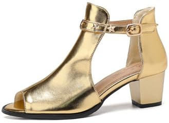 Generico Donna Pelle PU Scarpe da Sposa con Fibbia Peep Toe Sandali da Matrimonio Tacco Grosso Medio Stivaletti con Stella,d'oro,34.5 EU