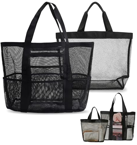 JNYUTEEN 2 Piezas Bolsa de Playa de Malla XXL Familiar, 2 Tamaños Bolsa de Playa de Rejilla Negra Grande, Grande con Bolsillos para Playa Piscina Gimnasio