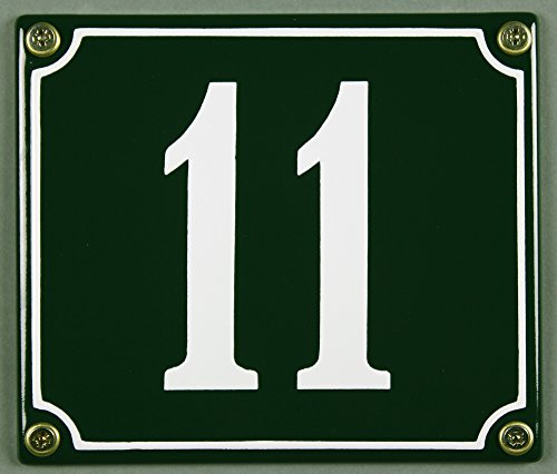 Emaille Hausnummernschild - Wählen Sie Ihre Nummer - Zahlen 1 bis 30 verfügbar - grün/weiß 12x12 cm und 12x14cm - sofort lieferbar! Hausnummer Schild wetterfest und lichtecht (11 grün/weiß 12x14cm)