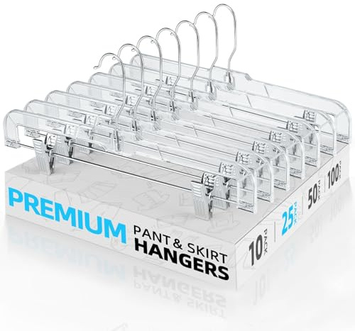HOUSE DAY Clear Pants Hangers with Clips 25 Pack, Non-Slip Skirt Hangers for Women, Upgraded Heavy Duty Plastic Clip Hanger for Pants, Trousers, Jeans, 14 Short Hanger, 360-Rotating Swivel Hook
