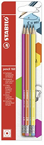 STABILO - Bleistift mit Radierer - pencil 160 in pink, blau, orange, gelb - 4er Pack - Härtegrad 2B