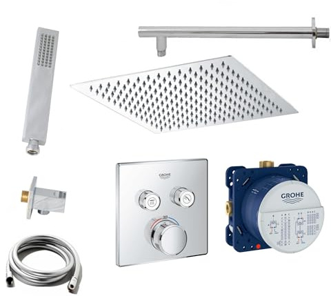 vanvilla Duschsystem Unterputz mit Duscharmatur Grohe poliert G02 | Duscharmatur von Grohe SmartControl Thermostat Armatur und vanvilla Regendusche Duschkopf eckig, Dusch-SET poliert