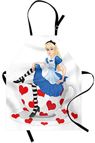 ABAKUHAUS Alice im Wunderland Kochschürze, Alice, die auf Einer Teeschale mit Herz-Form-Charakter-Fantasie-Geschichte sitzt, Farbfest Höhenverstellbar Waschbar Klarer Digitaldruck, Mehrfarbig