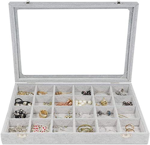 BIENSER 24 Grid Jewellery Tray, Velvet Clear Lid Jewellery Holder Box, Jewellery Storage Box for classification display, Jewellery Display Box Jewellery Case Lockable, Dustproof, 13.14(L) X 9.18(W)