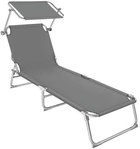 tectake® 1 Lettino a Sdraio per Prendere Il Sole con L'Ombrello Parasole 190cm, Lettino Pieghevole da sole, Sdraio da Spiaggia o da giardino, Arredamento Terrazzo Balcone - grigio