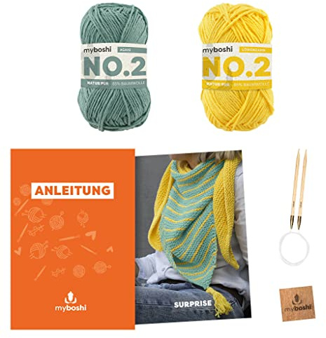 myboshi Strickset Dreieckstuch Surprise für Anfänger, inkl. No.2 Wolle, Nadel und Anleitung, Strickpaket, 85% Baumwolle, 15% Kapok Grün, Gelb, mit Rundstricknadel