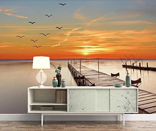 Papier Peint Panoramique Pont En Bois Coucher De Soleil Paysage Marin Papier Peint Intissé 3D Tapisserie Poster Murale Décoration Chambre Salon -LIWALLPAPER- 400x280cm