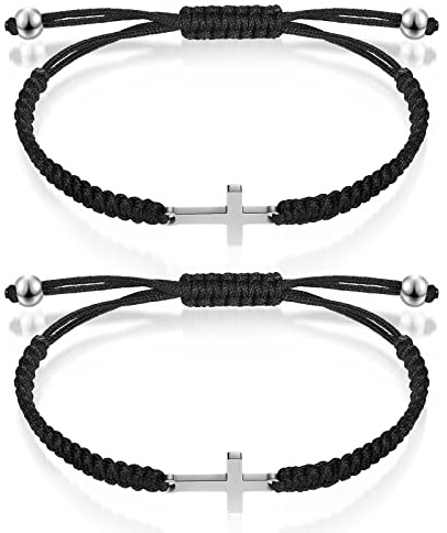 Sureio Cross Friendship Bracelet Adjustable Braided Rope Jesus Christian Cross Bracelets Matching Couple String Lucky Strand BFF Wristband for Women Men Boy Girls Easter Baptism (Black)