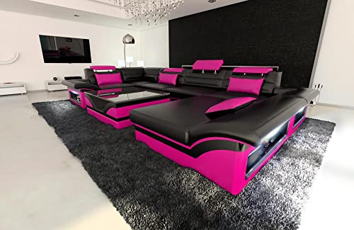 Wohnlandschaft Enzo U Form Sofa Leder- mit LED Beleuchtung, verstellbare Kopfstützen, Recamiere/Lederfarben wählbar/Ausrichtung Ottomane wählbar (Ottomane rechts, Schwarz-Pink)
