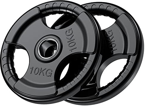 PhysKcal Olympische Hantelscheiben 2 x 10kg | Ø50 mm Bohrung | Hochwertiges Gummi-Finish | Tri-Grips | Schwarze Hantelscheiben für Krafttraining | Robuste Gusseisen-Kern Gewichte Set für Langhantel
