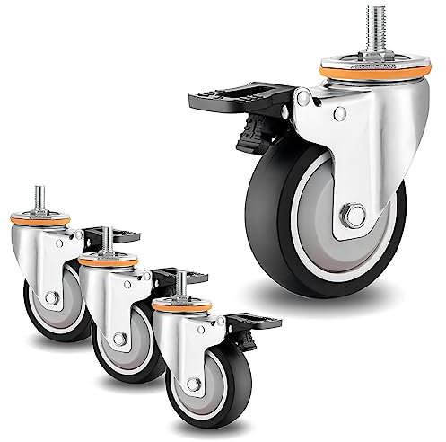 ESOYAWE M10 M12 Gewinde Vorbau Lenkrollen Für Möbel 4 Stück, Durchmesser Ø 63 75 100 125 Mm TPR Leise Gummi Rollen, 360°Drehbar Mit Bremse Möbelrolle, Für Tisch Schreibtisch Wagen Kinderbett