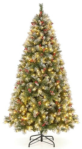 COSTWAY Árbol de Navidad con Luces Incorporadas 195cm, 420 Luces LED Blancas Cálidas, 8 Modos, Arbol de Navidad Decorado, Nieve, 69 Pinos, 207 Bayas Rojas, 909 Ramas de PVC (195cm)