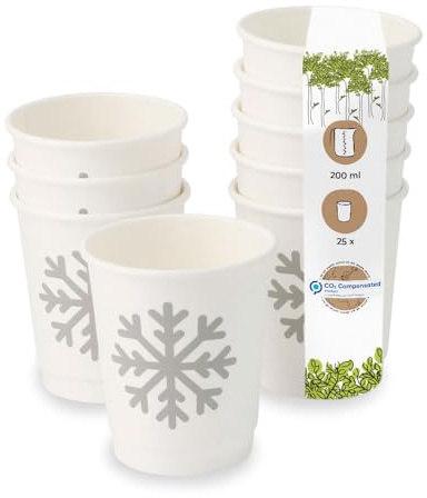 BIOZOYG 25 Stück weiße doppelwandige Kaffeebecher Pappbecher Wintermotiv 'Schneeflocke' 200ml / 8 oz - umweltfreundlich recycelbar & schön bedruckt - Kaffeebecher to go