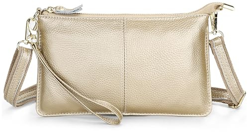 SODOLLEE Geldbörse Damen Handy Umhängetasche Echte Leder Handytasche Frauen Kleine Schultertasche Clutch Portemonnaie für Dating Einkaufen Gold