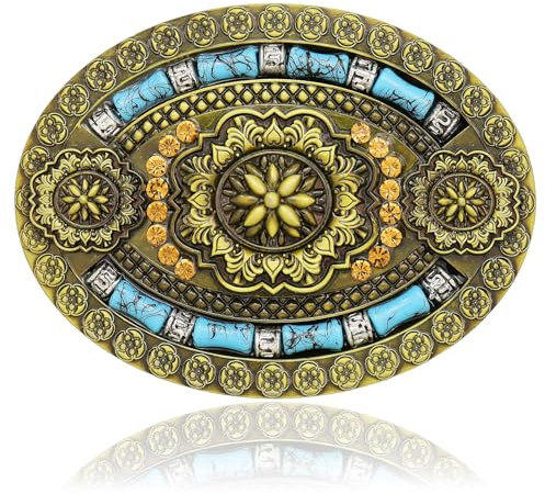 RechicGu Ovale lange Gürtelschnalle aus Horn mit Stier und Totenkopf, türkisfarbene Holzperlen, Western-Cowboy-Schnallen für Herren, Geschenk, Vintage-Blume, Kupfer, Large
