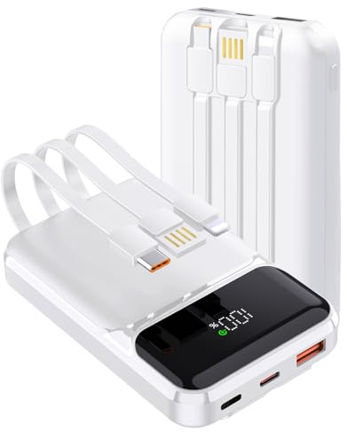 Power Bank With Built in Cables 10000mAh, 22.5W Fast Charge Portable Charger, USB C Battery Pack with 4 Outputs & 3 Inputs Compatible with iPhone 16 15 14 13 iPads Tablets and More
