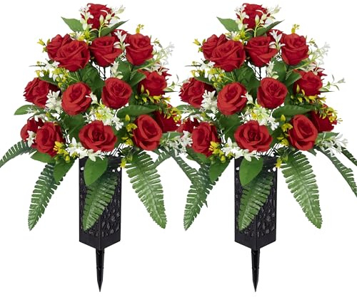 MOOMASS Artificial Cemetery Flowers – Grave Decorations, Cemetery Flowers for Grave Vase, Artificial Rose, Silk Flowers for Long-Lasting Remembrance(red, 2 Bouquets)