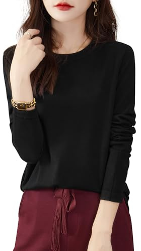 Chanyarn 100 % merino ullskjorta damer rund hals långärmad för resor vandring t-shirt underkläder topp, svart, M