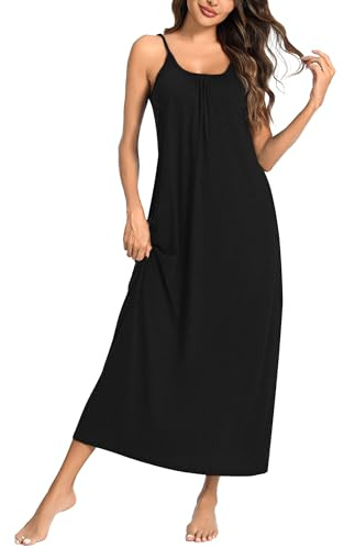Uniexcosm Long Nightdress with Pockets Sleeveless Cotton Nighties for Women Baggy Ladies Nightshirts Full Slip Spaghetti Strap Sexy Negligees Loose Fit Nightgown Nightwear S-XXL