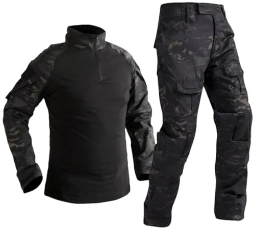 Herren-Outdoor-Camping-Set, einfarbig, taktische Kleidung, taktischer Anzug, Hemd, taktische Hose, Wandern, Sportanzüge, Black Multicam, S