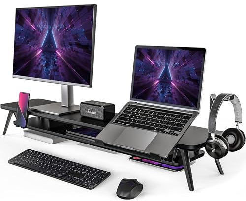 Fenge Dual Monitorständer mit Laptop Halterung/Telefon Halter/Headset Halterung, 2 Etagen Groß Multifunktionaler Computer Bildschirmständer 108x23,5x14,5cm (Schwarz)