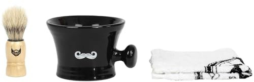 COSMETIC CLUB, SC29532, Set per la Cura della Barba 3 Accessori, Ciotola da Barba in gres, Tasso e Asciugamano, Dimensioni compatte 7,5x10,8x8 cm, Ideale per i Viaggi, Nero