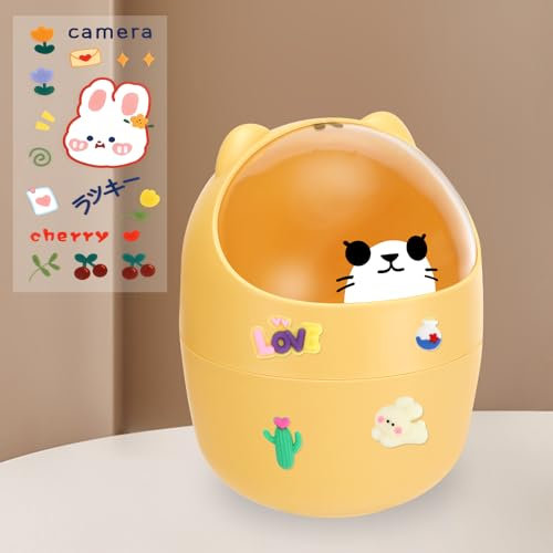 Rubessia Pattumiera da Tavolo con Coperchio, Cestino da Scrivania con Simpatici Adesivi, Cestino da Tavolo, Mini Spazzatura, Pattumiera da Scrivania Portatile, per Casa, Salotto, Cucina (Giallo)