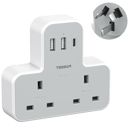 TESSAN 2 Way UK to Australia Plug Adapter 3 USB Ports (1 USB C) | 5 in 1 Australian Travel Adaptor, Travel Adapter for UK to AUS AU Australian China Fiji Argentina New Zealand, Type I