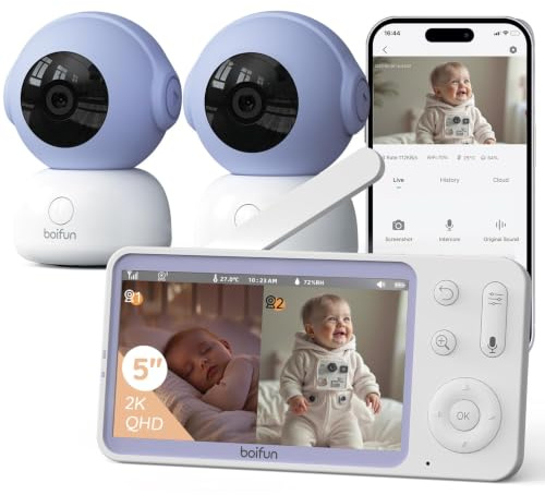BOIFUN 2K/3MP Babyphone mit 2 Kamera WLAN, 5 Video Babyfon mit App | Nachtsicht ohne Sichtbares Licht, 360° Automatische Verfolgung, Weinen-, Bewegungs- und Geräuscherkennung, Split-Scree,VOX