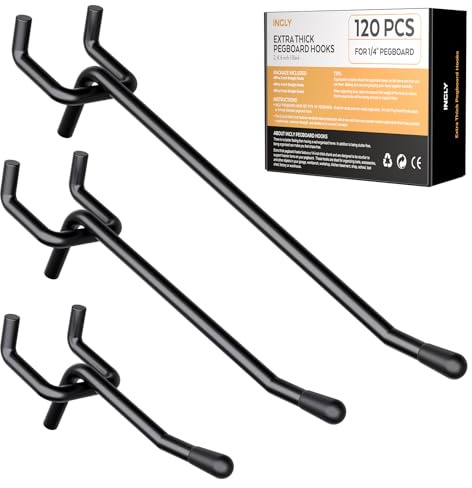 INCLY 120 Pack 2/4/6 Inch Black Pegboard Hooks, 1/4 Heavy Duty Peg Board Shelving Hooks Accessories, Peg Board Tool Hangers Fit 1/4 Pegboard Hanging Tools Garage, Crafts Organizing, Kitchen, Store