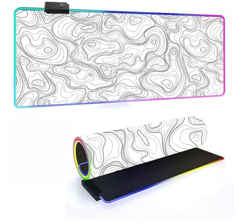 Mateju RGB Mousepad,Einfache Linien rutschfeste Gummibasis Mauspad,Mousepad XXL/XL/L14 Beleuchtungs Modi 7 LED Farben, Gaming Mauspad mit Vernähte Kanten für Tastatur Computer (Weiß,900x400x4mm)