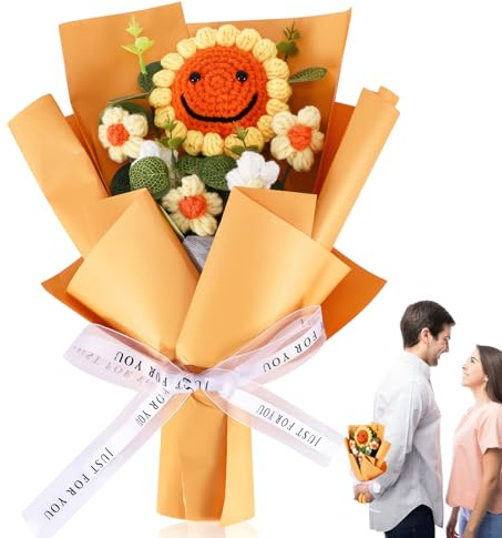 AIWMQYYF Crochet Flowers Bouquet,Knitted Smile Sunflower Artificial Floral Arrangement,Exquisite Knitted Flower Bouquet,Suitable as a Gift for Lovers, Mothers, Women and Girls