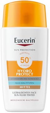 Eucerin Hydro Protect Fluido Ultra Leggero SPF 50+ Tinted Medium 50 ml, Crema solare viso 50+ con filtri UVA/UVB, Protezione solare 50+ pigmentata, Crema colorata viso in fluido extra leggero