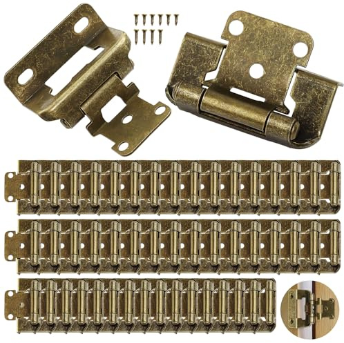 25 Pairs (50 Pcs) Antique Brass Cabinet Hinges 1/2 Overlay (12.7mm), Self-Closing Surface Mount Cupboard Hinges for Face Frame Units, Heavy Duty Furniture Hardware with Screws for Kitchen & Wardrobe
