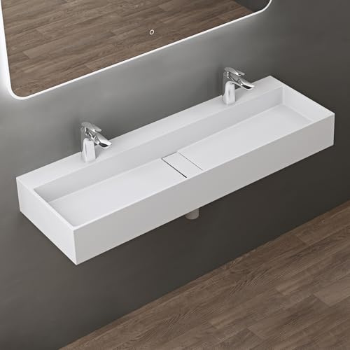Mai & Mai Lavabo de Baño de Mármol Fundido, Blanco Mate, 120x40x14 cm, Rectangular, Montaje en Pared o Sobre Encimera, Colossum6028, con 2 Agujeros para Grifo,Colossum6028