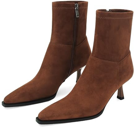 SOVANYOU Women's Dressy Ankle Boots Pointed Toe Kitten Heel Booties with Side Zipper Stylish Comfortable Black Short Boots, Brown Suede, 4 UK