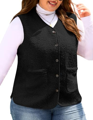 CMTOP Chaleco Mujer Talla Grande Corto, Ligero Suave Cálido Chalecos de Felpa, Otoño Invierno Chaleco sin Mangas Cuello en V Elegantes Chaquetas sin Mangas con Bolsillos(Negro,3XL)