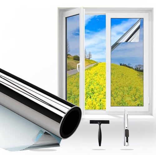 Gutsurge Spiegelfolie Fenster Sichtschutz 118x400cm Sonnenschutzfolie Fenster Innen & Außen Fensterfolie Sonnenschutz Einseitige UV Folie Fenster Hitzeschutz ideal für Wohnzimmer und Büro, Silber
