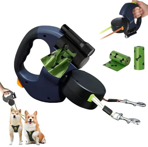 Verlängerbare Hundeleine mit LED-Beleuchtung & Kotbeutelhalter mit Kotbeutel, bis 10Fuß Länge, für mittelgroße Hunde, Doppelleine für 2 Hunde, 360° Verhedderungsfreier Leinenverlängerung (Blau)