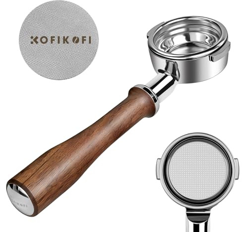 KOFIKOFI 58mm Bodenloser Siebträger, 2 Ohren Bottomless Portafilter für E61, Flair 58, ECM, Rocket, VBM Kaffeemaschine mit 304 Edelstahl-Filterkorb, Pucksieb, Walnussholz