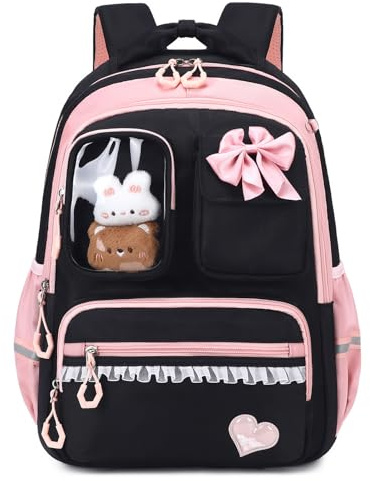 Amythe Schultasche Mädchen Rucksack Kinder 1. - 5. Klasse, Schwarz Rosa | Atmungsaktiv und Bequem Schulrucksack für Mädchen, Mode School Bag for Girls mit Reflektierend, 22 Liter