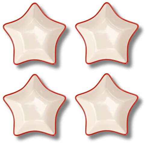 LEONARDO LUXURY HOME DESIGN Set 4 Piatti Natalizi Porcellana Bianca Forma di Stella Bordino Rosso Ideali Antipasti Dolci Tavola Idea Regalo (4, Stella Bordo Rosso)