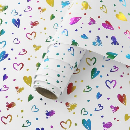 Boerni Geschenkpapierrolle mit Herzen, buntes holografisches Foliendesign, luxuriöses Geschenkpapier für Valentinstag, Jahrestag, Hochzeit, Geburtstag, 43,2 cm x 2,4 m