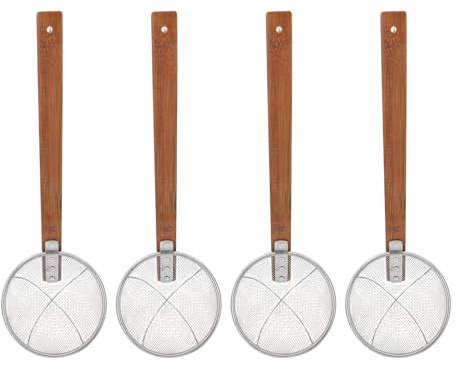 NIYANGLE 4 pezzi di schiumarola in acciaio inox - cucchiaio da cucina per pasta con manico lungo in legno - mestolo asiatico per cucinare e friggere, 15 cm/5,9''