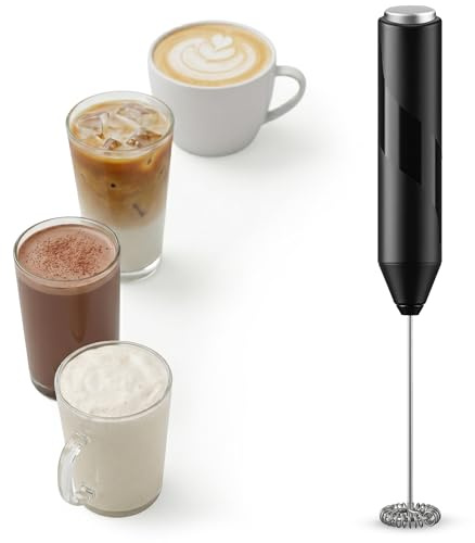 Wolf Power Espumador de leche de mano, batidor eléctrico de acero inoxidable, funciona con pilas, máquina de espuma portátil para latte, capuchino, matcha, chocolate caliente y batidos (negro