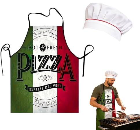 BIVYAX 1 Stück Schürze Herren und 1 Kochmütze, Küchenschürze für Herren, italienische Flagge, 60 × 80 cm, Pizza-Küchenschürze – lustiges Geschenk für Freund oder Ehemann