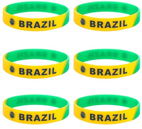 Lote de 6 pulseras de silicona con la bandera de Brasil | Accesorios para aficionados al fútbol | Fan Sportifestif | Unisex, niños y adultos | Resistentes al sudor