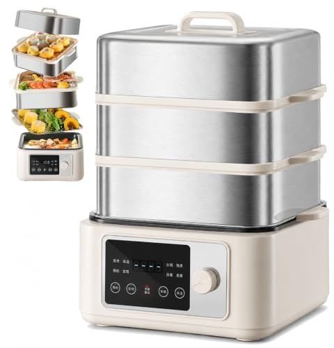 Vaporera Eléctrica, Olla Multifunción de 1350 W con Pantalla Táctil | 8 Programas, Temporizador 24 H, 3 Niveles de Calor y Mantenimiento Caliente para Vapor, BBQ y Fritura(16L)